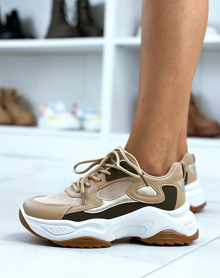 Baskets à multiples empiècements marrons blancs et dorés