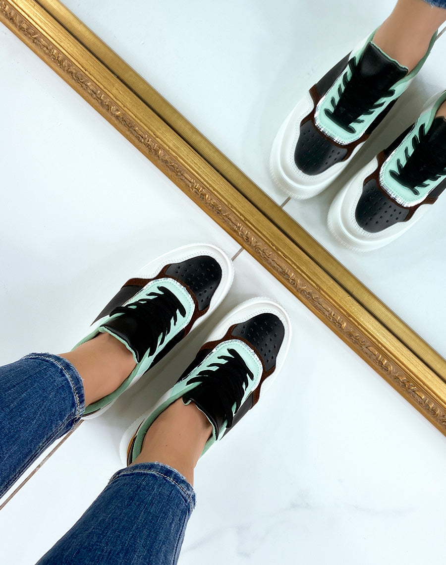 Baskets noires beiges vert d?eau et camel