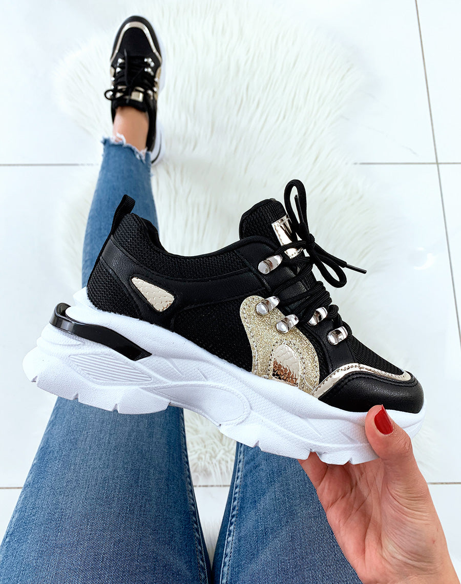 Baskets noires à empiècement doré et bande sur talon