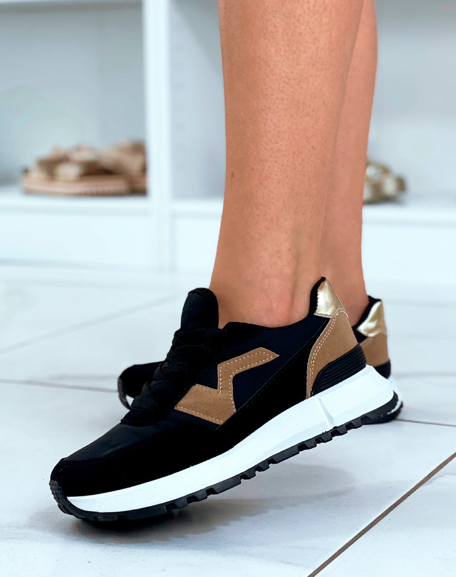 Baskets noires et marrons avec empiècement doré
