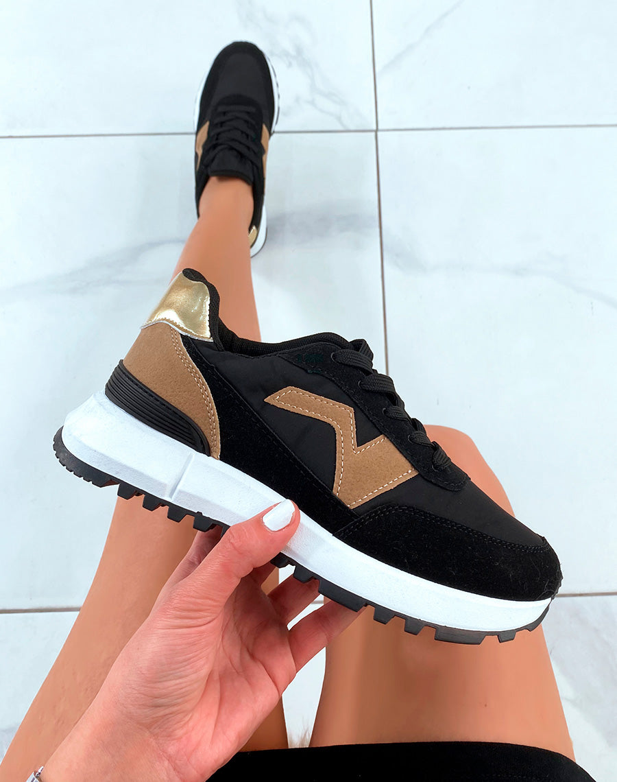 Baskets noires et marrons avec empiècement doré