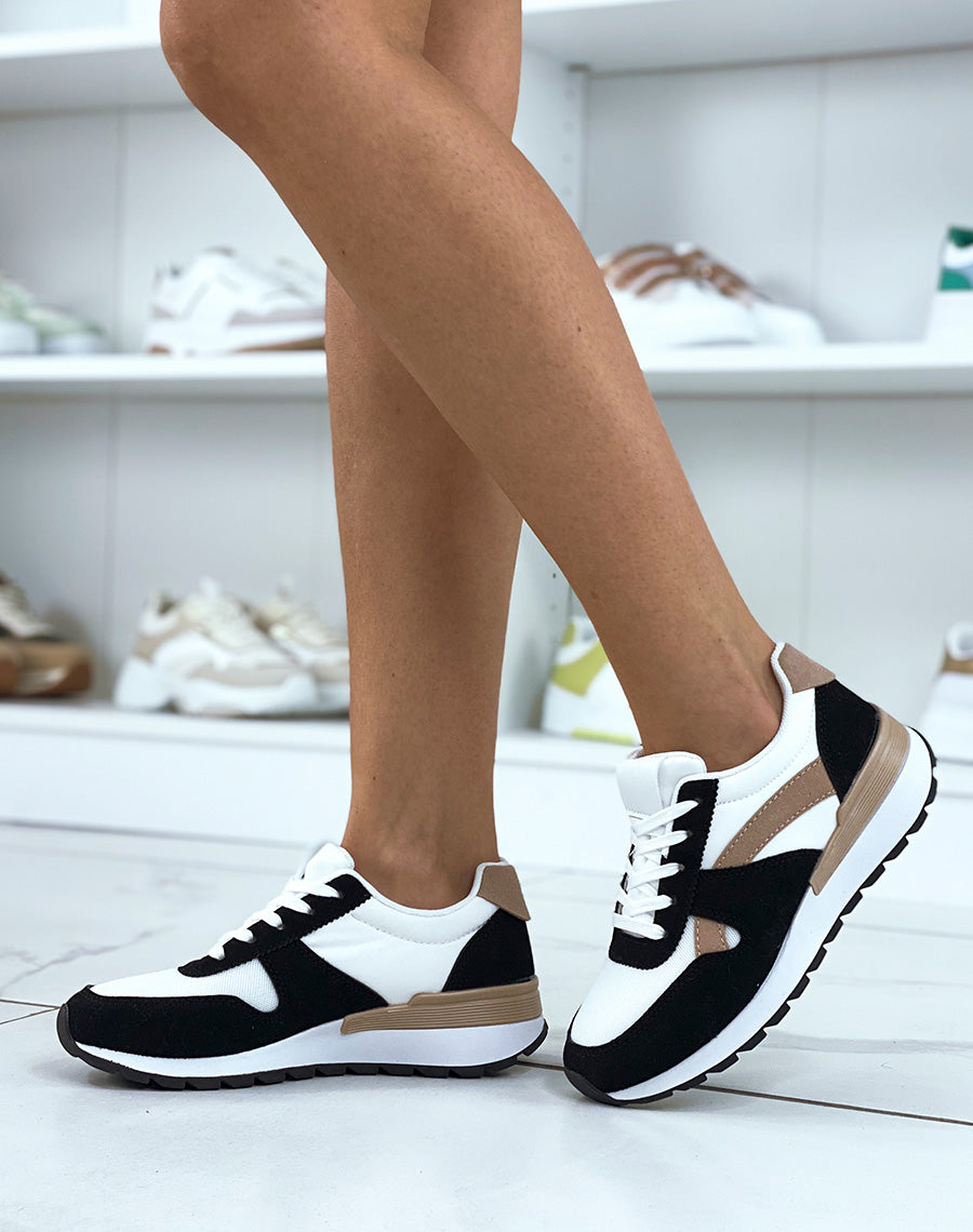 Baskets noires et marrons bi-textile à empiècement