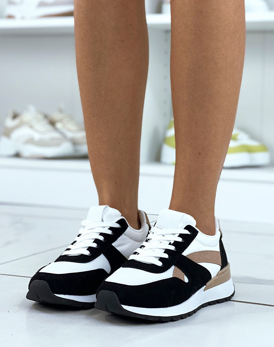 Baskets noires et marrons bi-textile à empiècement