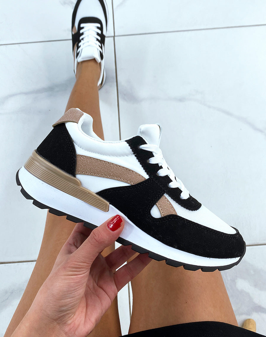 Baskets noires et marrons bi-textile à empiècement