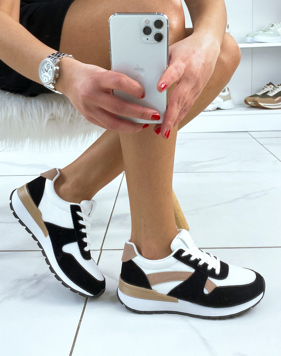 Baskets noires et marrons bi-textile à empiècement