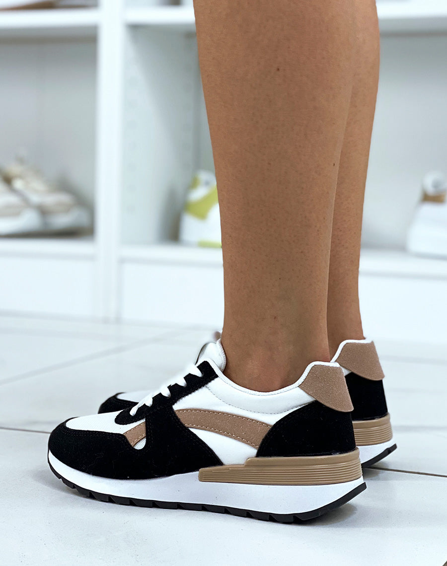 Baskets noires et marrons bi-textile à empiècement