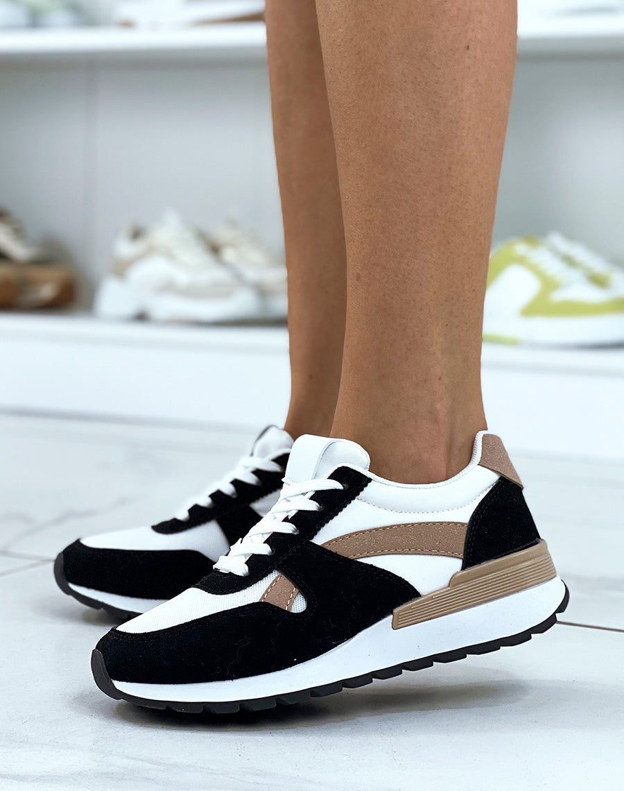 Baskets noires et marrons bi-textile à empiècement