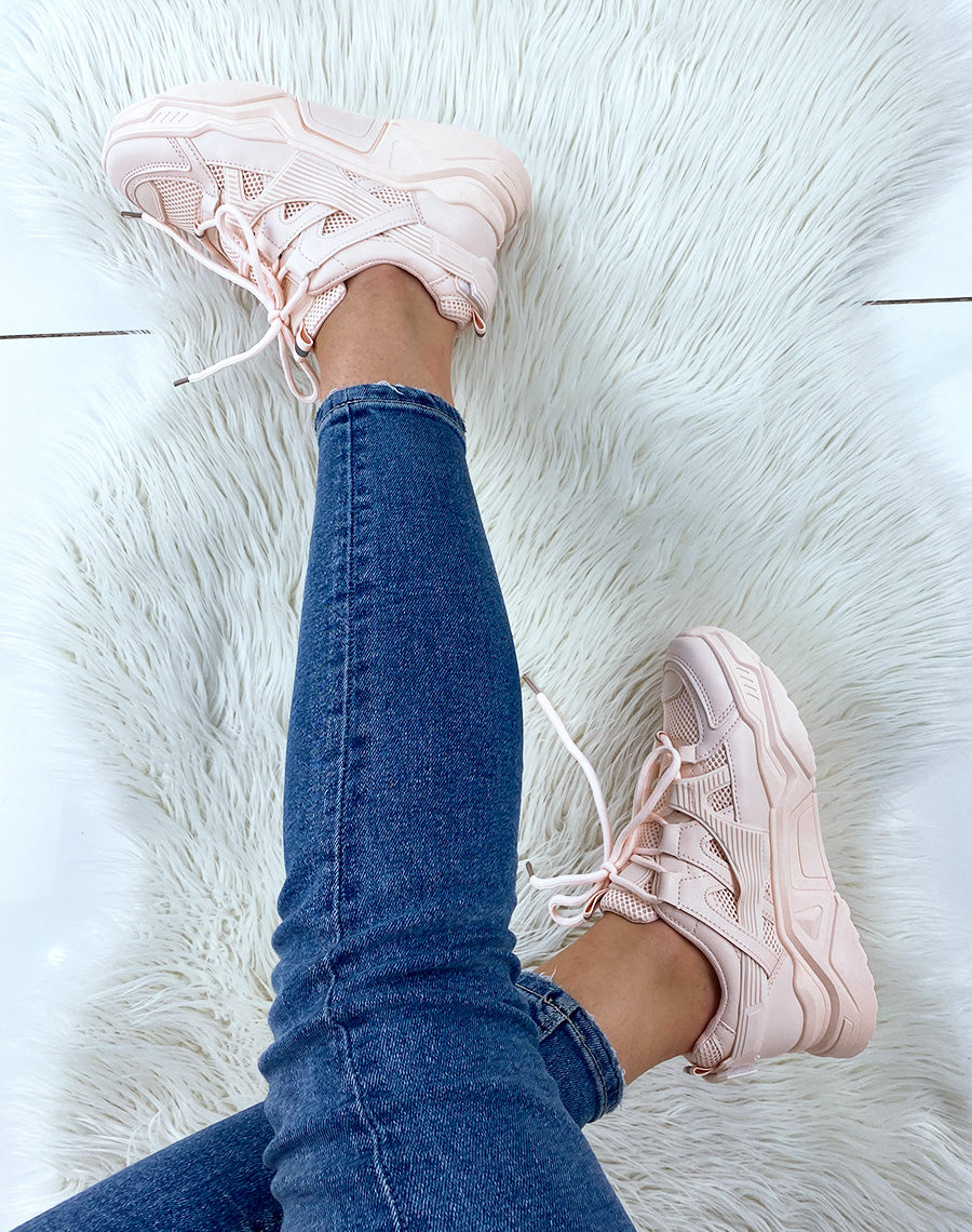 Baskets rose poudré bi-matière à plateforme XXL
