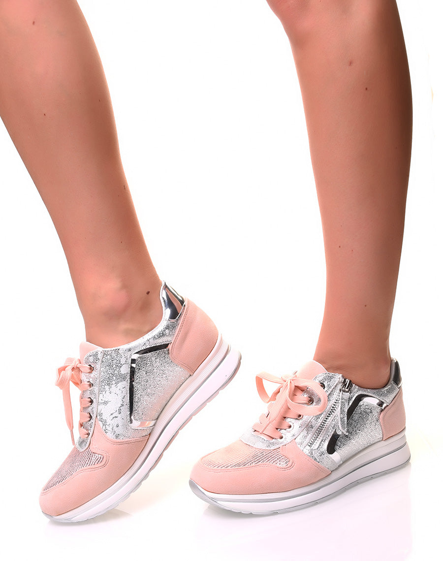 Baskets roses et argentées bi-matières