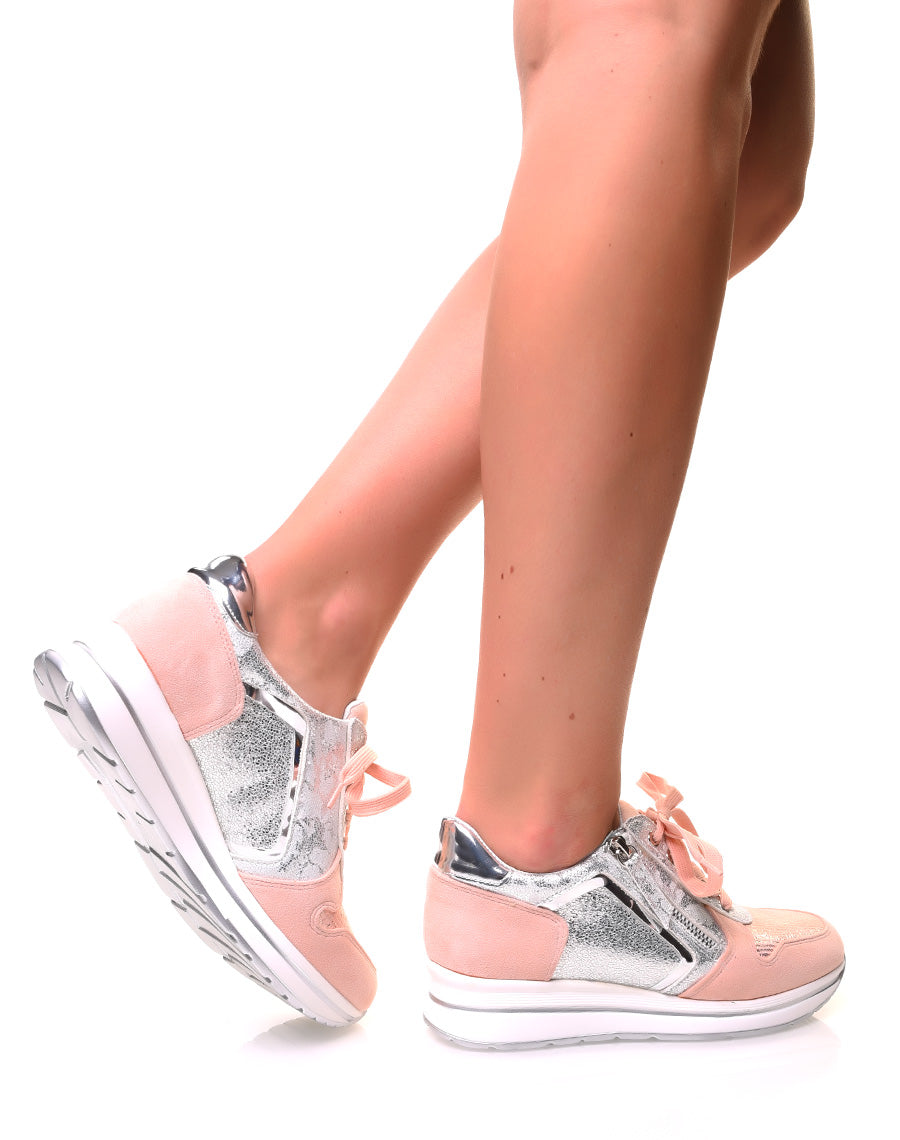Baskets roses et argentées bi-matières