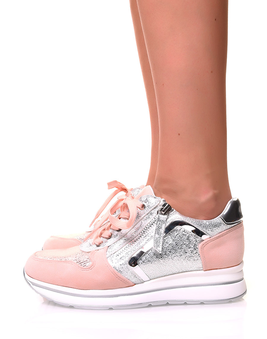 Baskets roses et argentées bi-matières