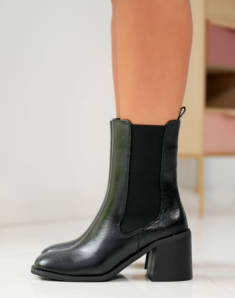 Éblouissantes Bottines Noires Chelsea à Talon Carré et Effet Brillant
