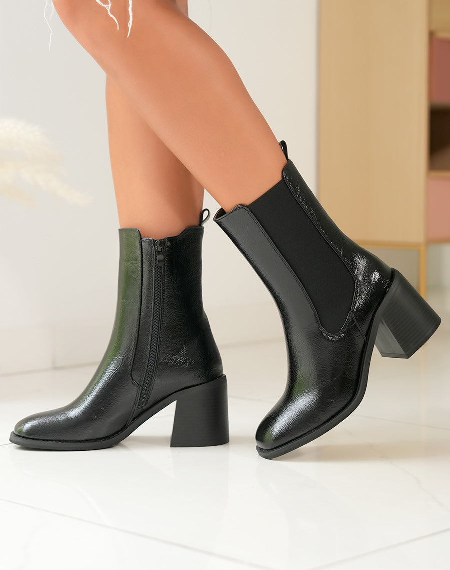 Éblouissantes Bottines Noires Chelsea à Talon Carré et Effet Brillant