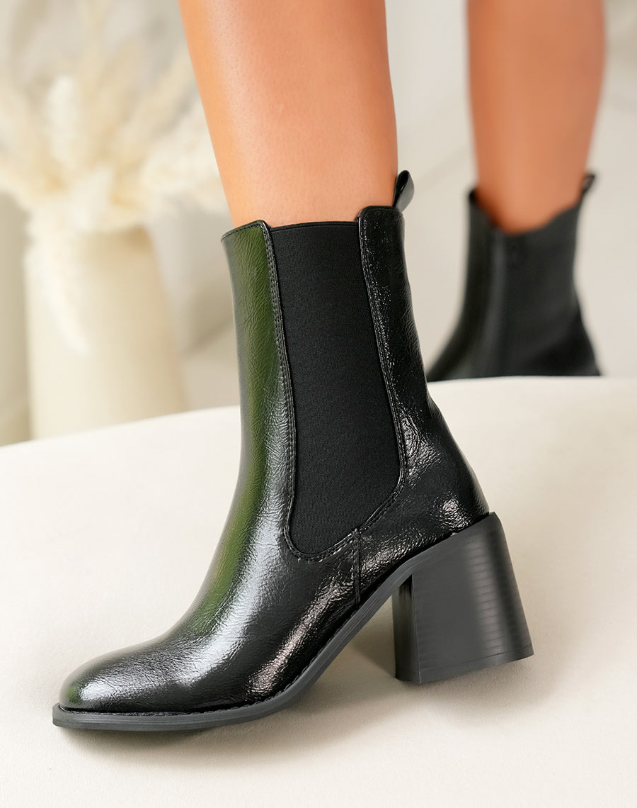 Éblouissantes Bottines Noires Chelsea à Talon Carré et Effet Brillant