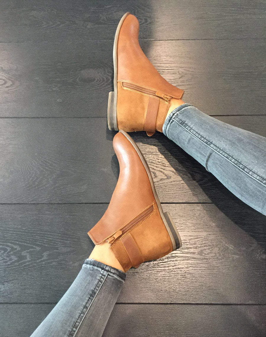 Boots plates camel bi-matières avec sangle