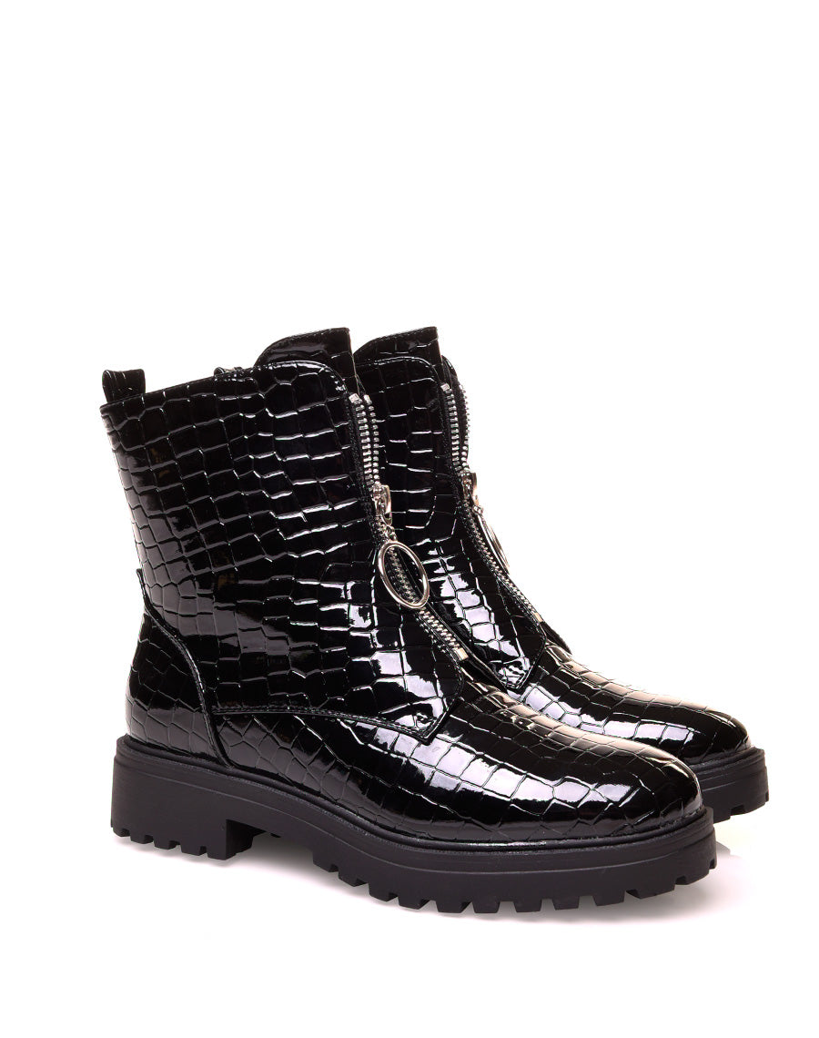 Boots vernis noir à effet croco