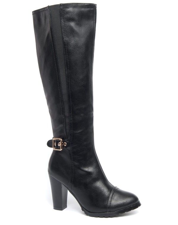 Botte haute Ideal noire à talon bottier et bande stretch