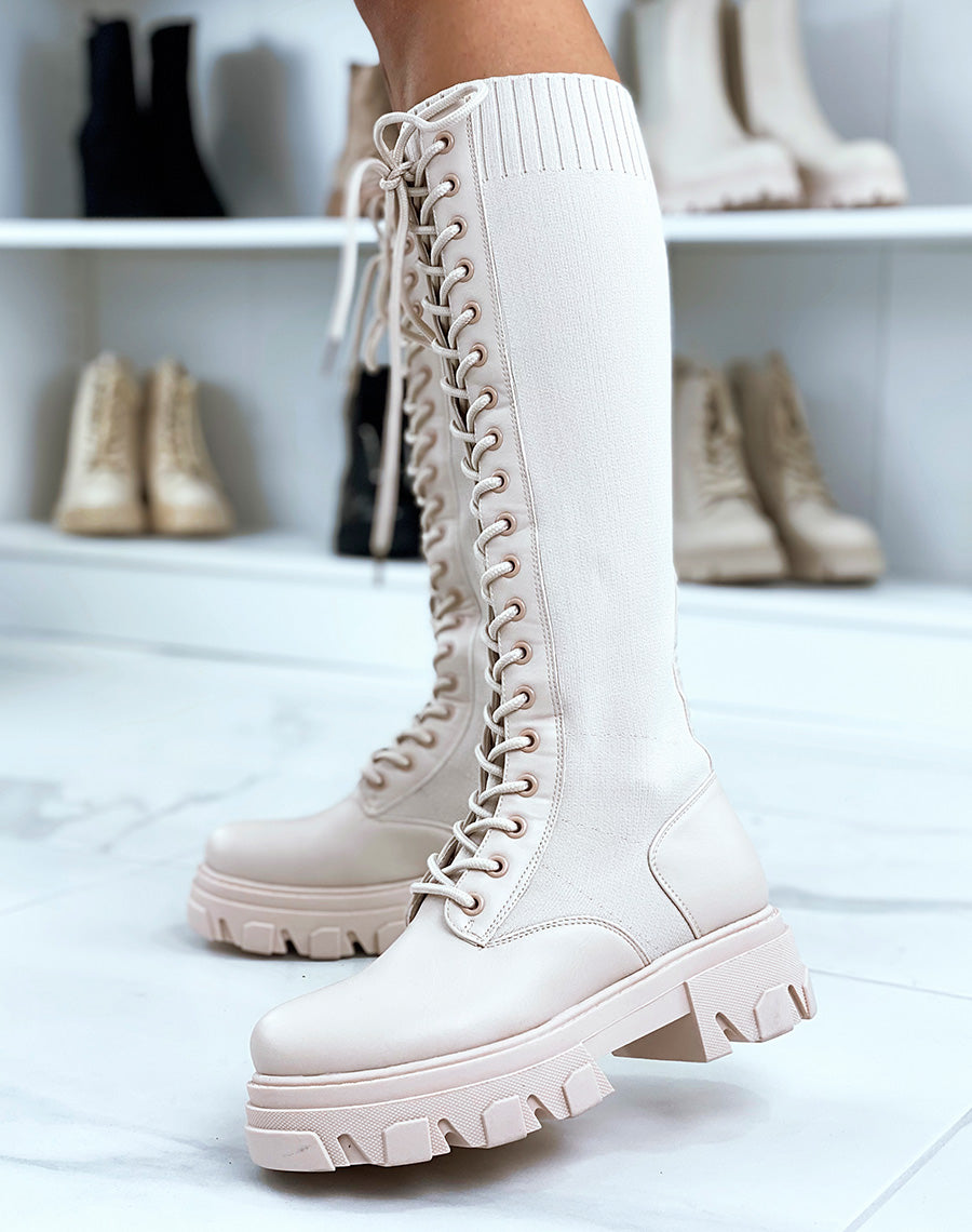 Bottes beiges bi-matières lacées à semelle crantée