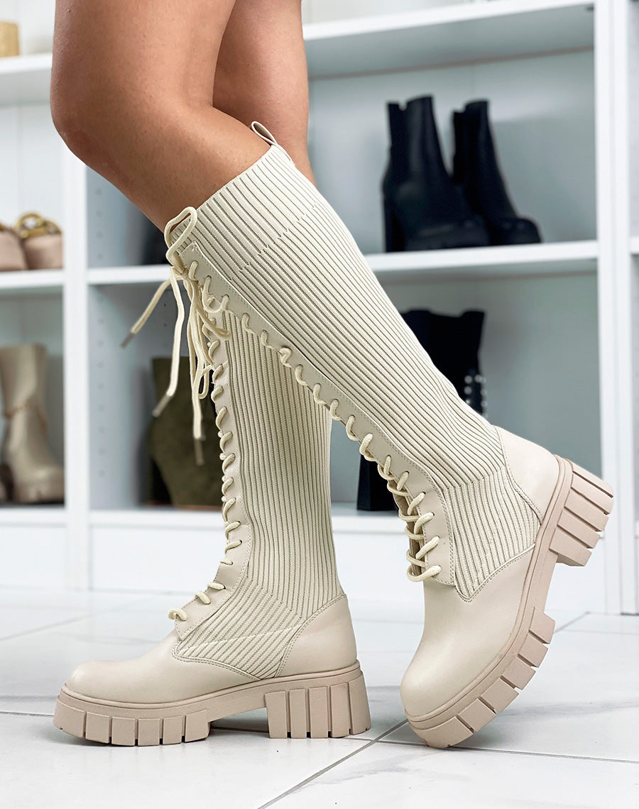 Bottes beiges effet chaussette à lacets