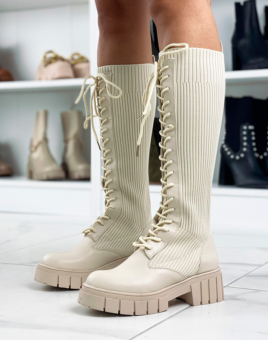 Bottes beiges effet chaussette à lacets