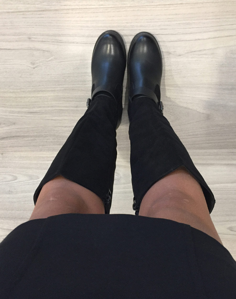 Bottes bi matières noires à talon mi haut