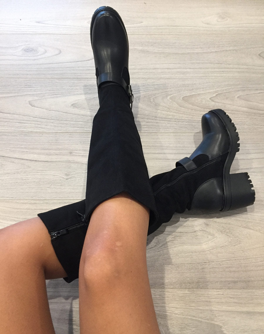 Bottes bi matières noires à talon mi haut