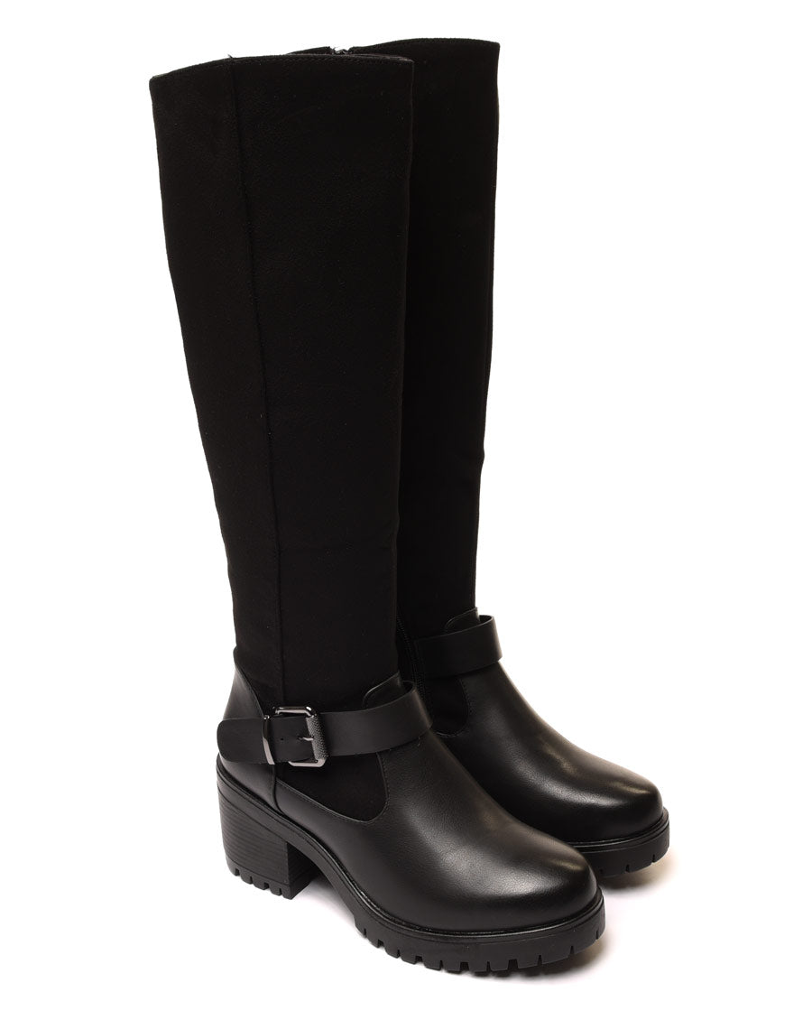Bottes bi matières noires à talon mi haut