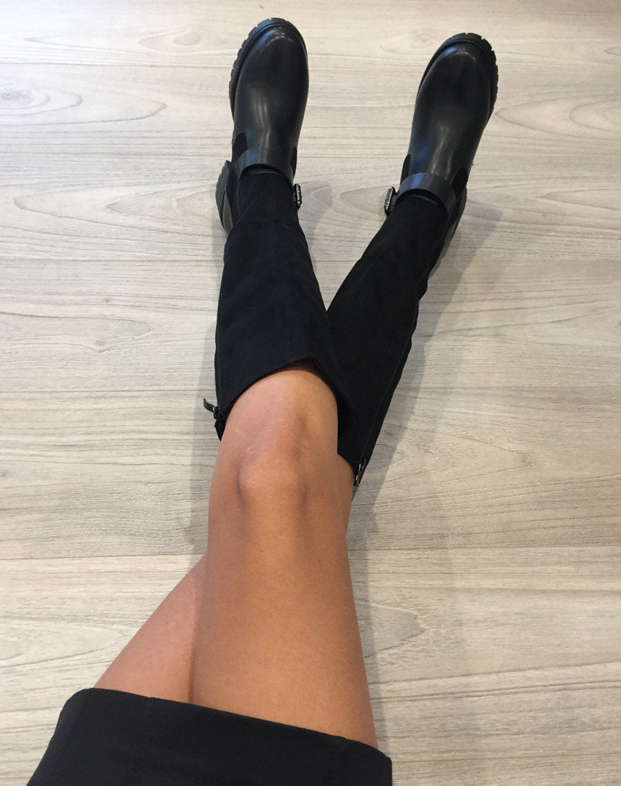 Bottes bi matières noires à talon mi haut