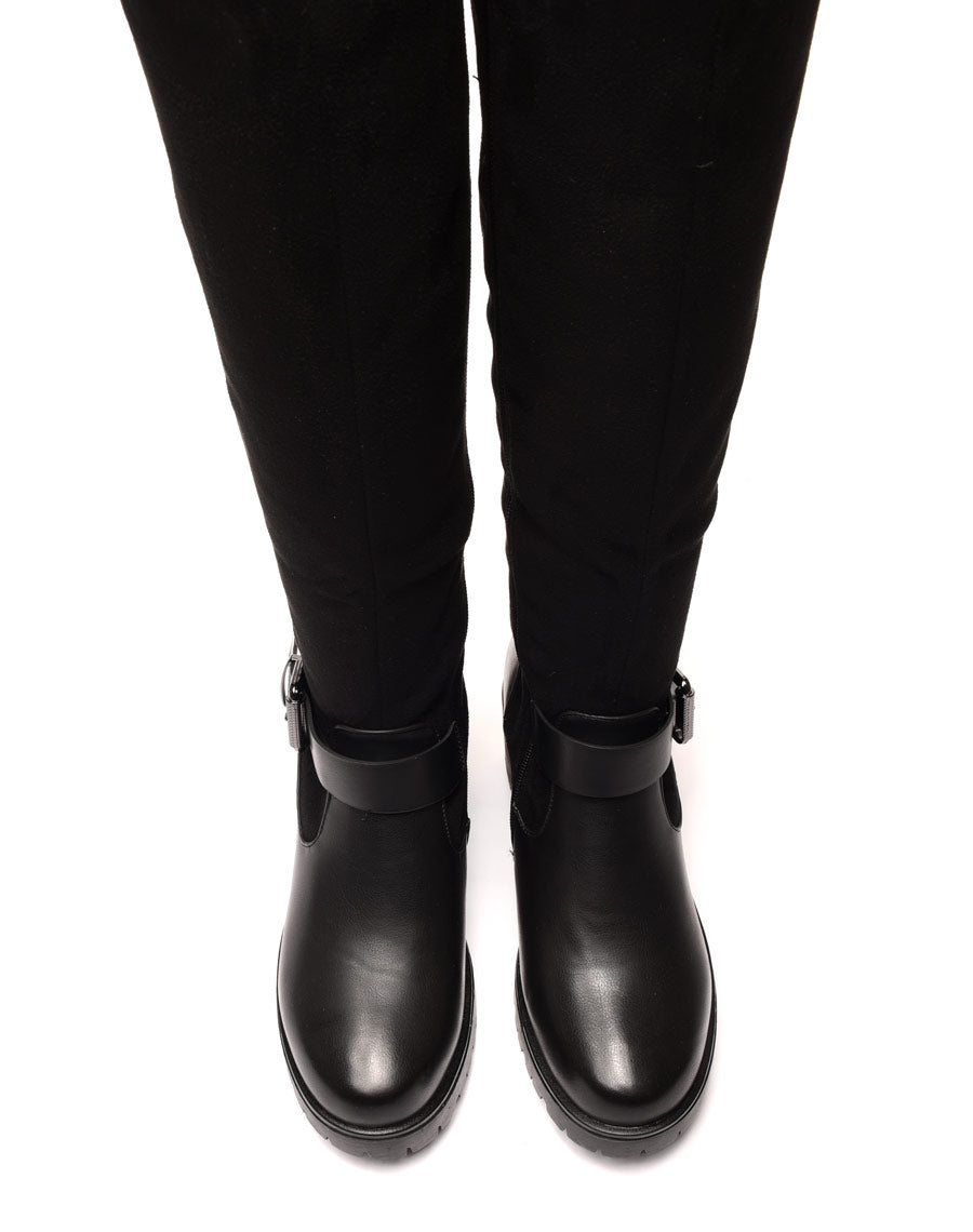 Bottes bi matières noires à talon mi haut