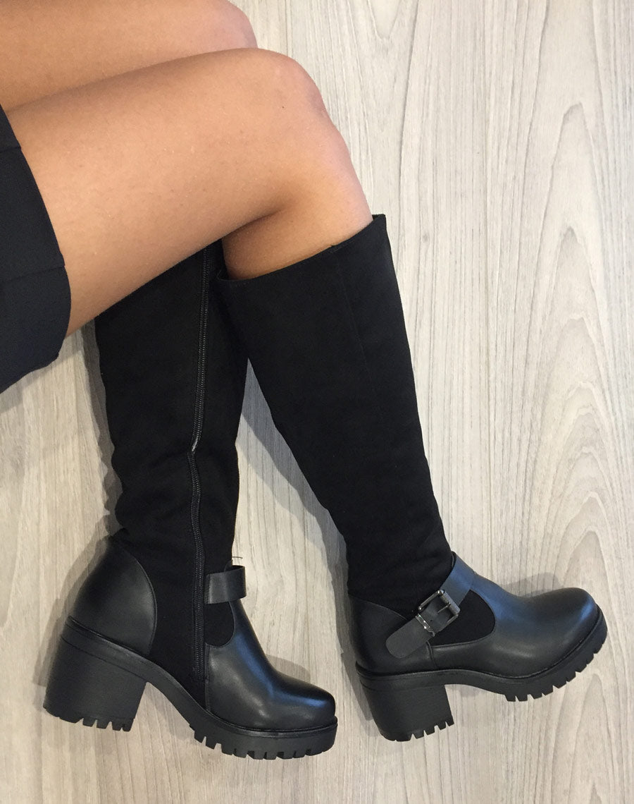 Bottes bi matières noires à talon mi haut