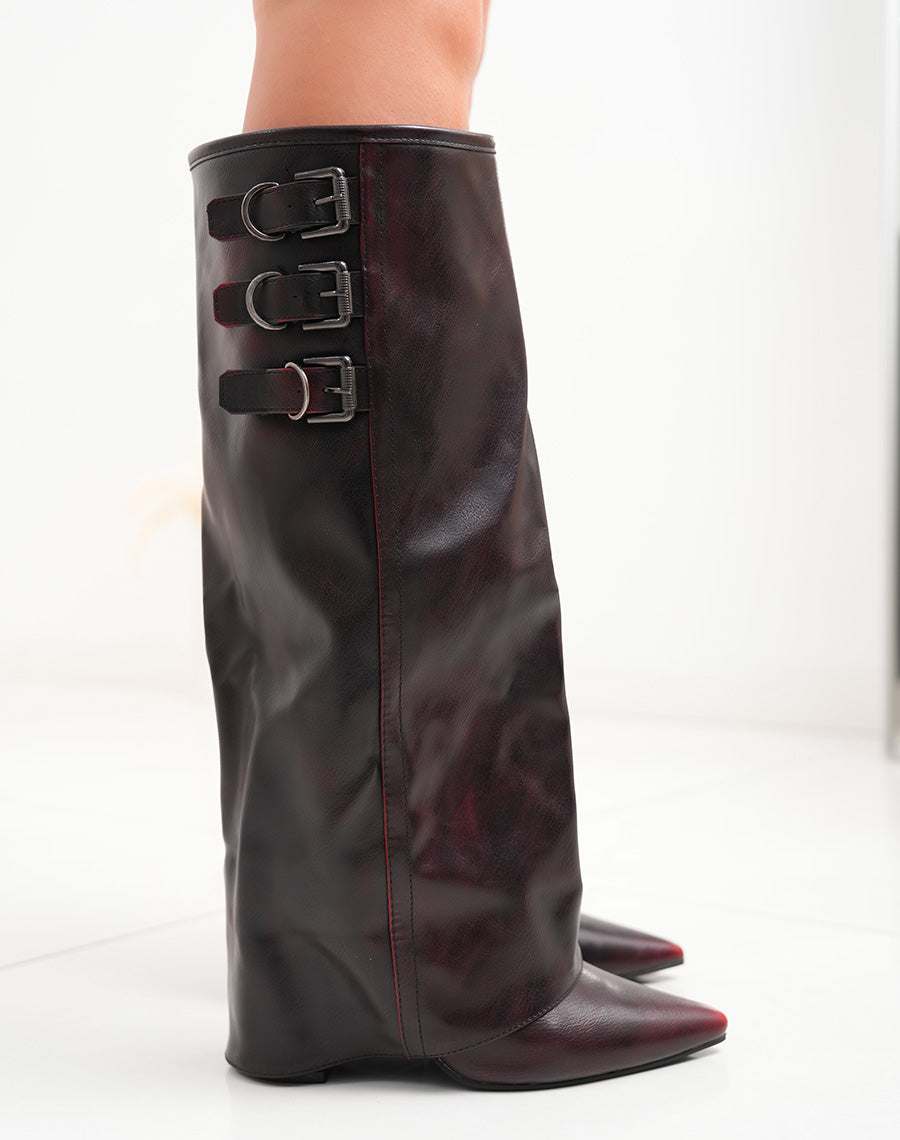 Bottes bordeaux effet délavé à talon carré et bout pointu