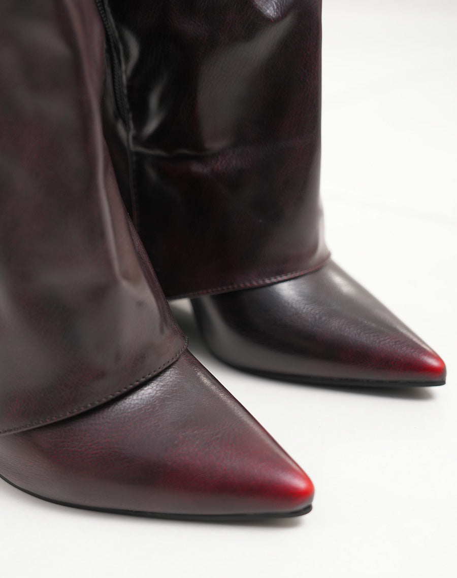 Bottes bordeaux effet délavé à talon carré et bout pointu