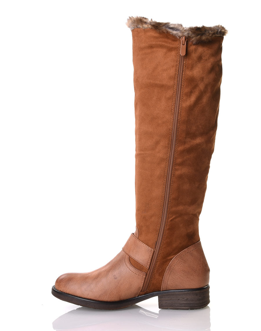 Bottes camel bi matières fourrées