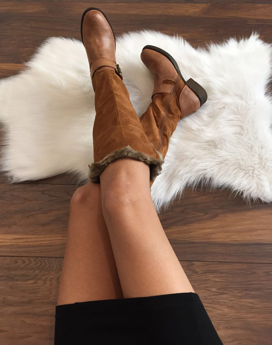 Bottes camel bi matières fourrées