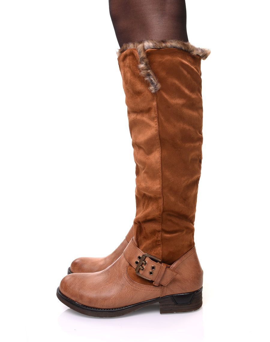 Bottes camel bi matières fourrées