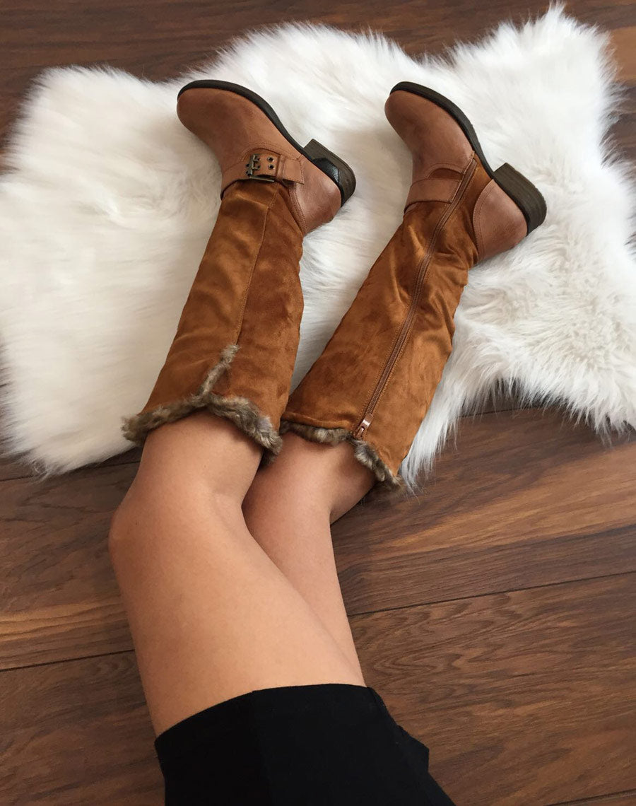 Bottes camel bi matières fourrées