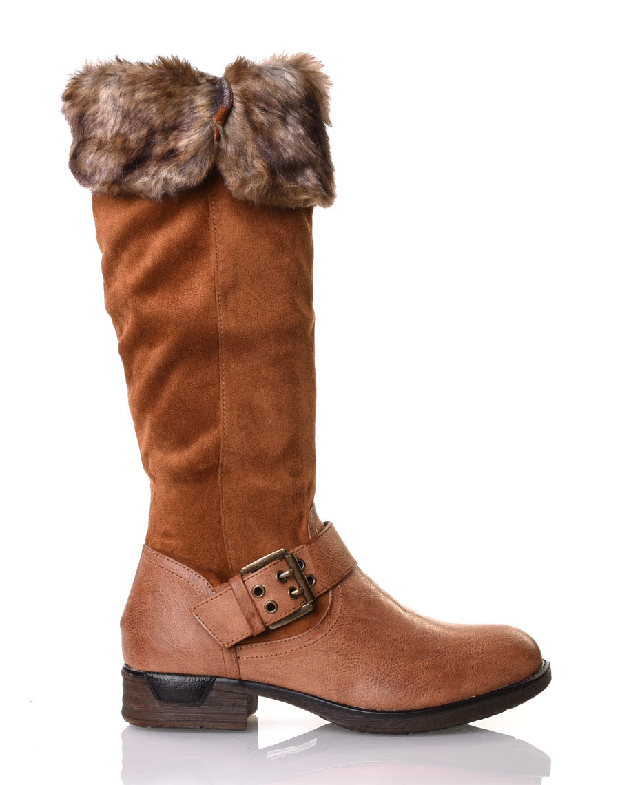Bottes camel bi matières fourrées