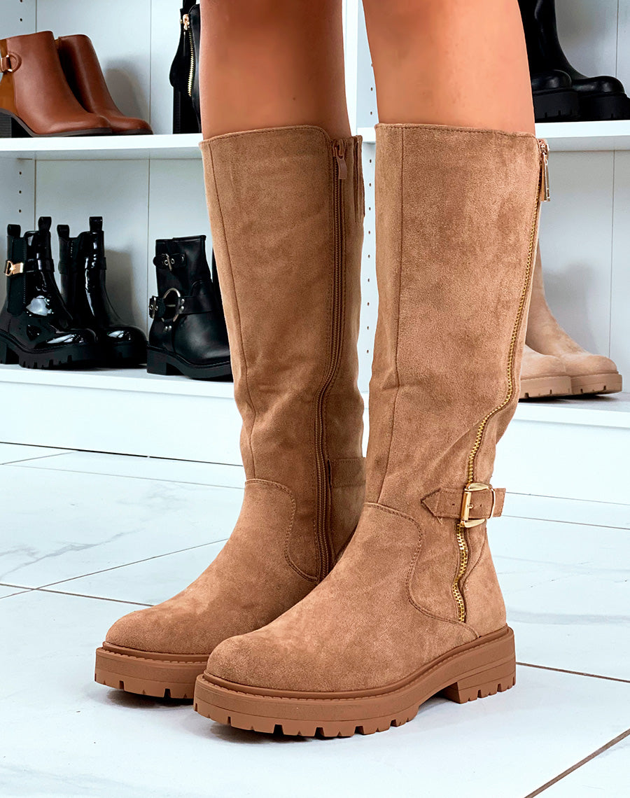 BOTTES CAMEL EN SUÉDINE AVEC ZIP DORÉE