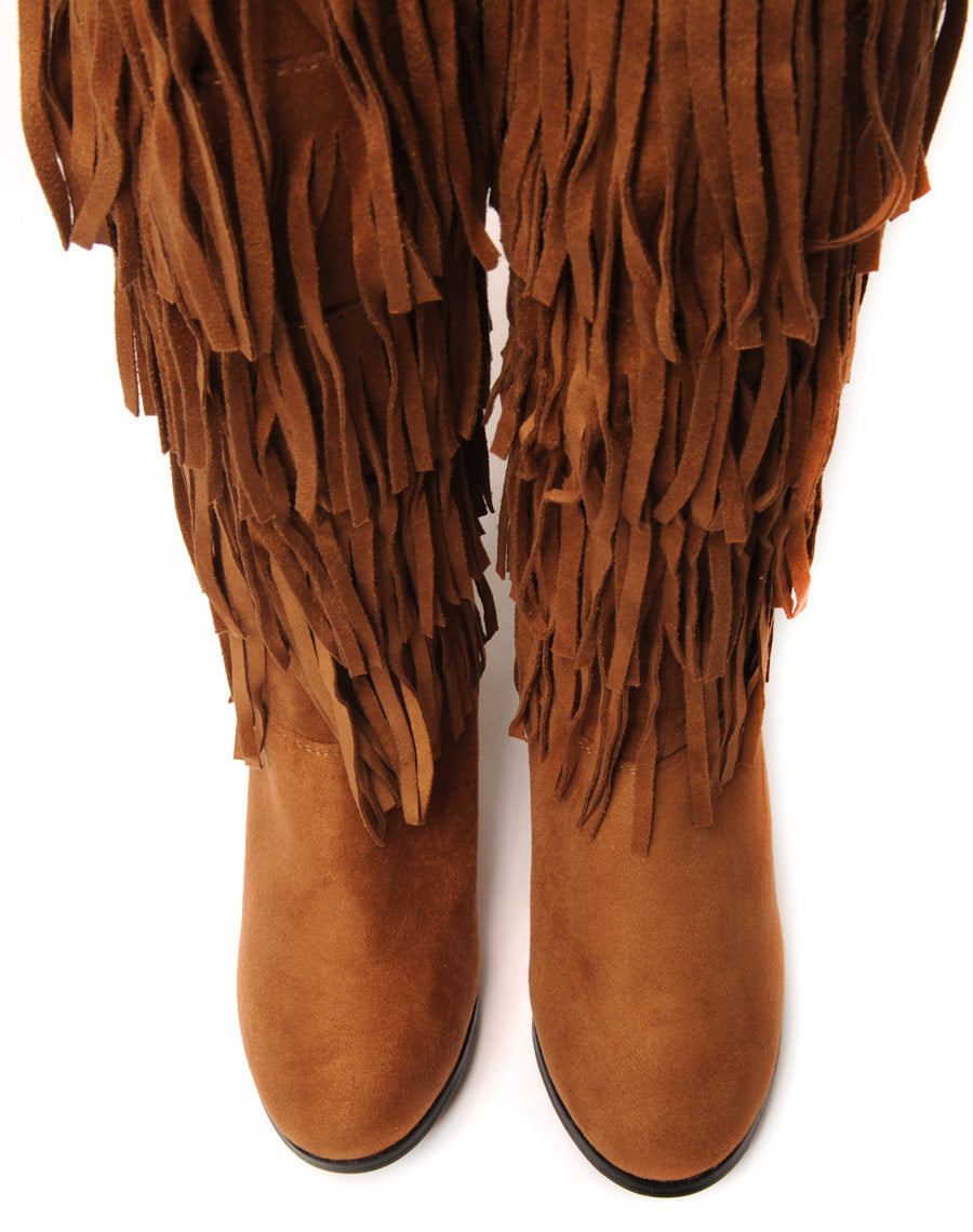 Bottes camel ethniques compensées à franges