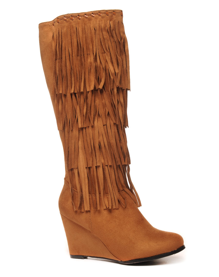 Bottes camel ethniques compensées à franges