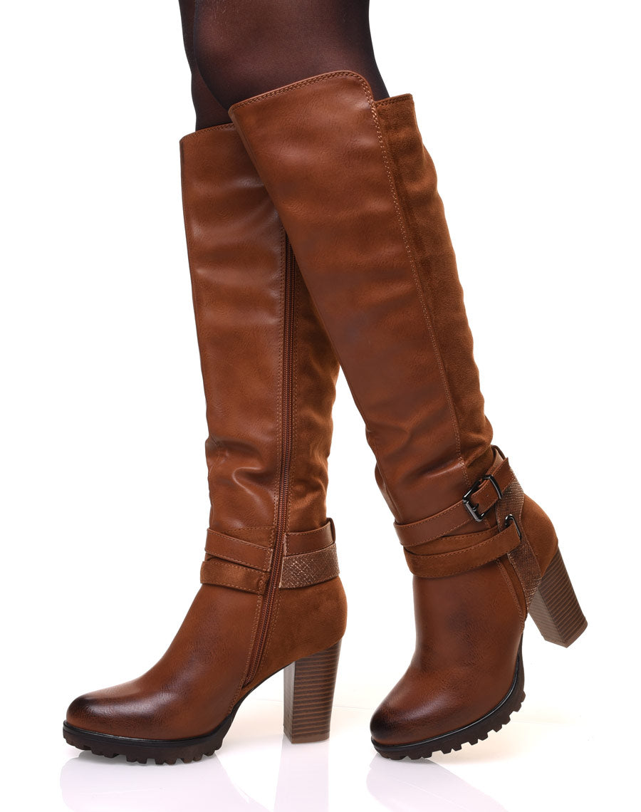 Bottes camelles bi-matière à talon haut