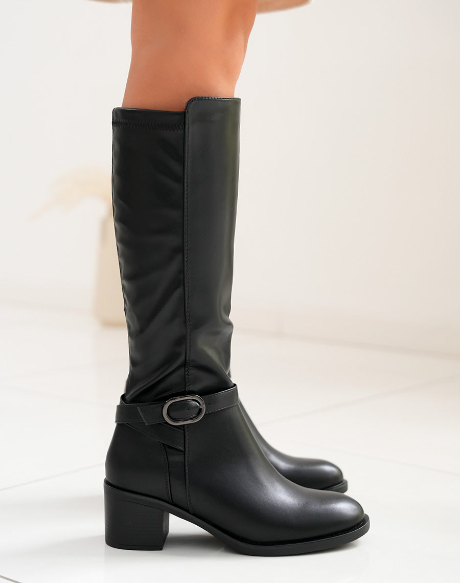 Bottes chic noires à petits talons et à lanières boucle