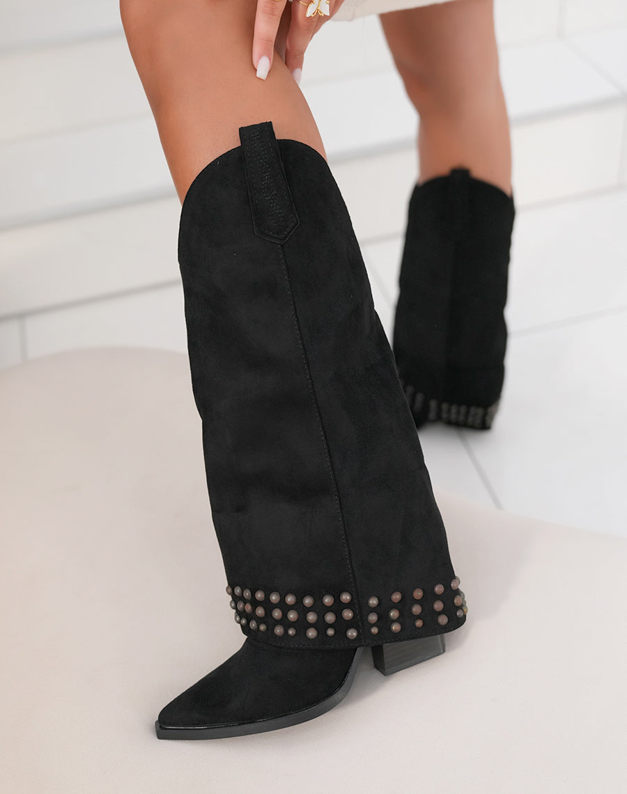 Bottes femme en suédine noire avec clous et talon épais de 85 cm