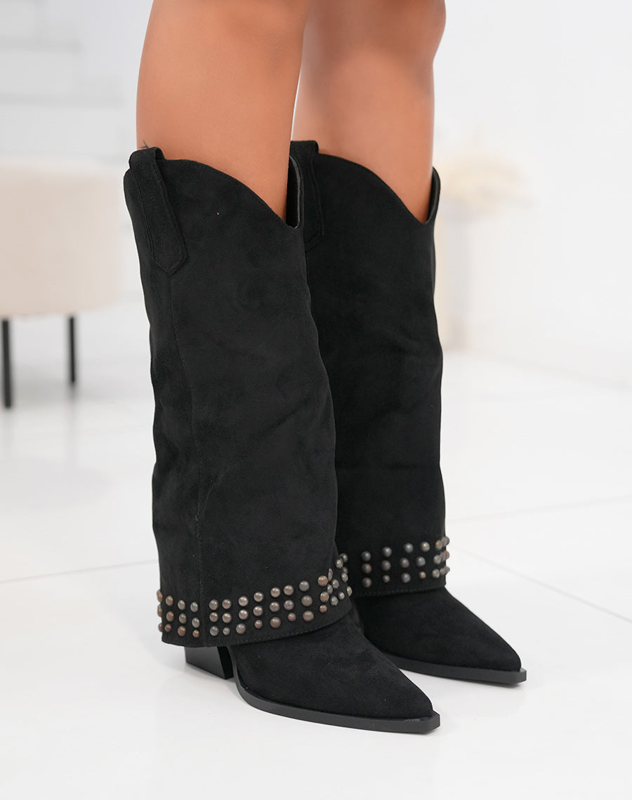 Bottes femme en suédine noire avec clous et talon épais de 85 cm