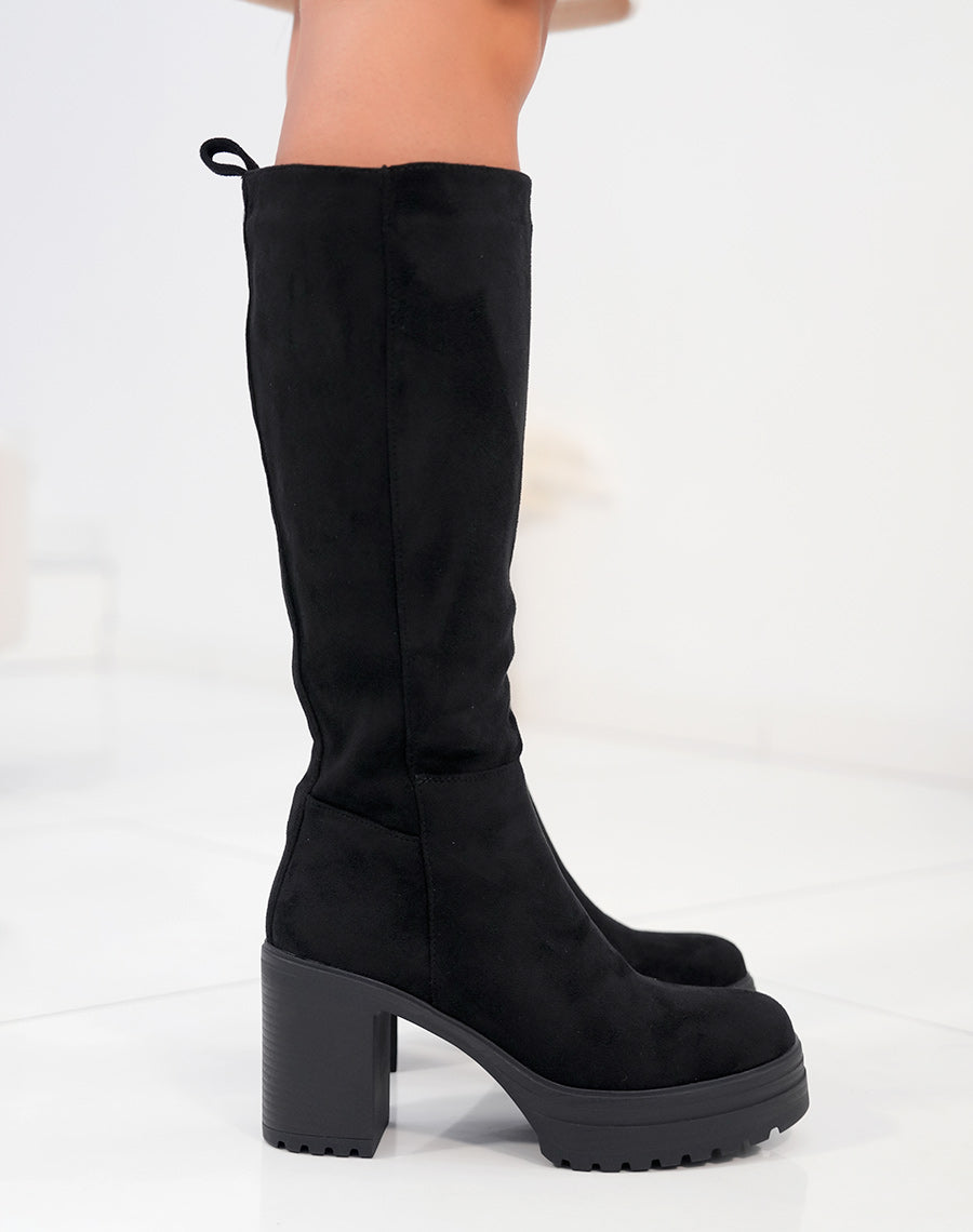 Bottes femme en suédine noire avec talon de 9 cm et plateforme crantée