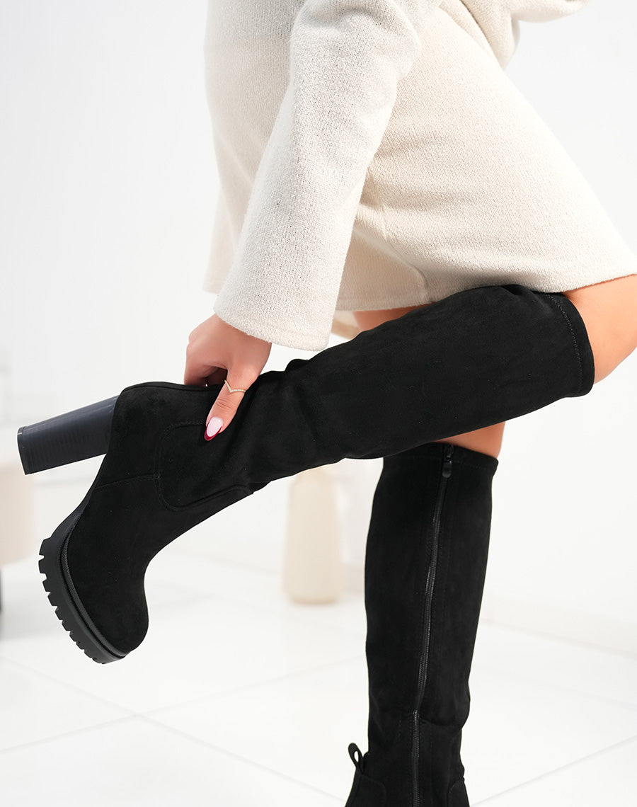 Bottes femme en suédine noires avec talon haut épais et semelle crantée