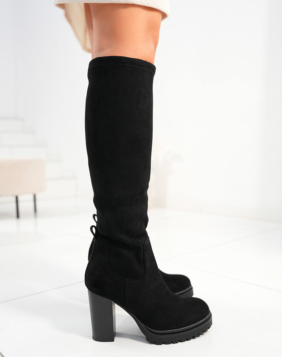 Bottes femme en suédine noires avec talon haut épais et semelle crantée