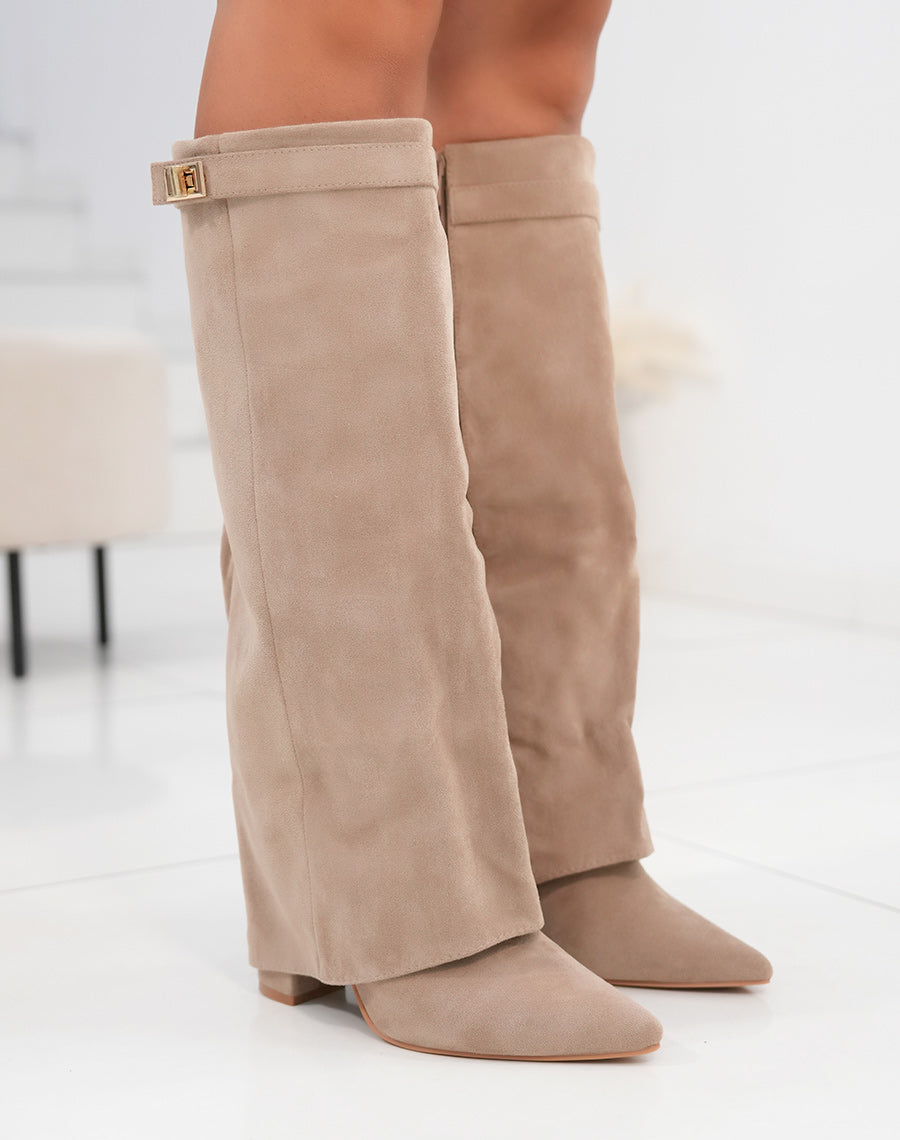 Bottes femme en suédine taupe avec effet replié et talon de 95 cm
