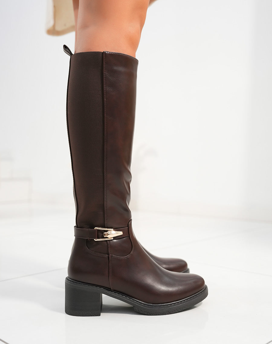 Bottes femme marron à talon moyen avec élastique et lanière dorée