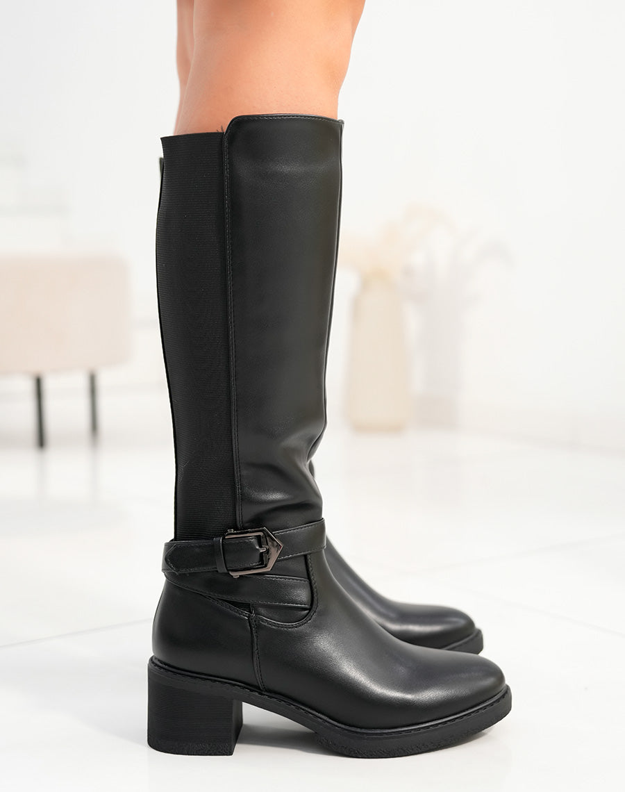 Bottes femme noires avec talon moyen et double sangle décorative